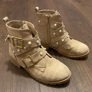 Tan suede boots with pearls and gold accents